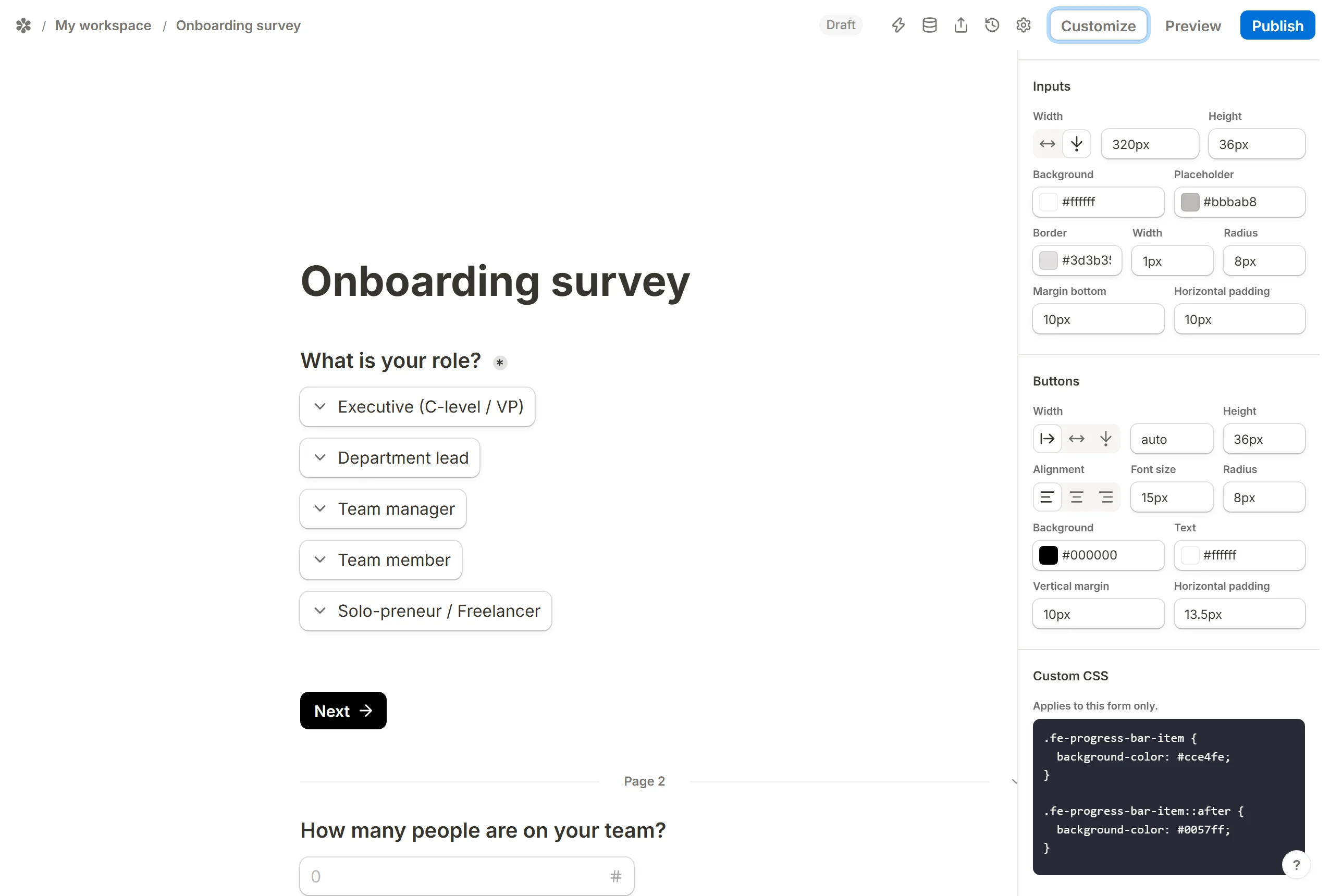 The Customize panel scrolled to the Custom CSS box, holding the two rules that recolour the progress bar