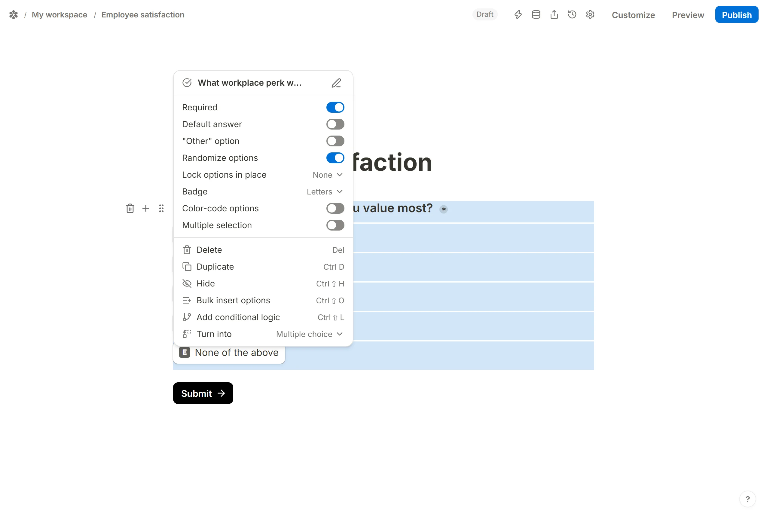 The choice question's block menu open in the editor, with Randomize options switched on and Lock options in place reading None