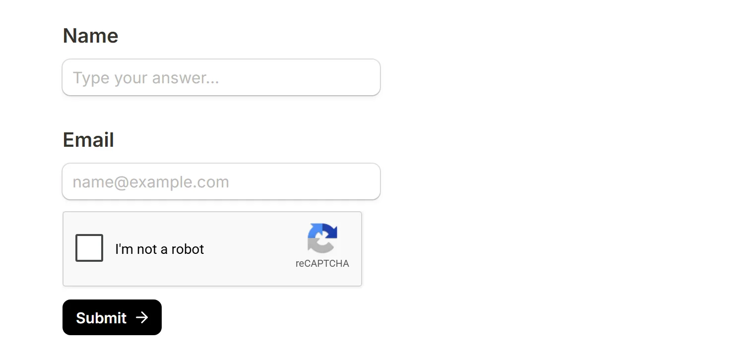 A published form with a name, an email and the reCAPTCHA checkbox above its submit button