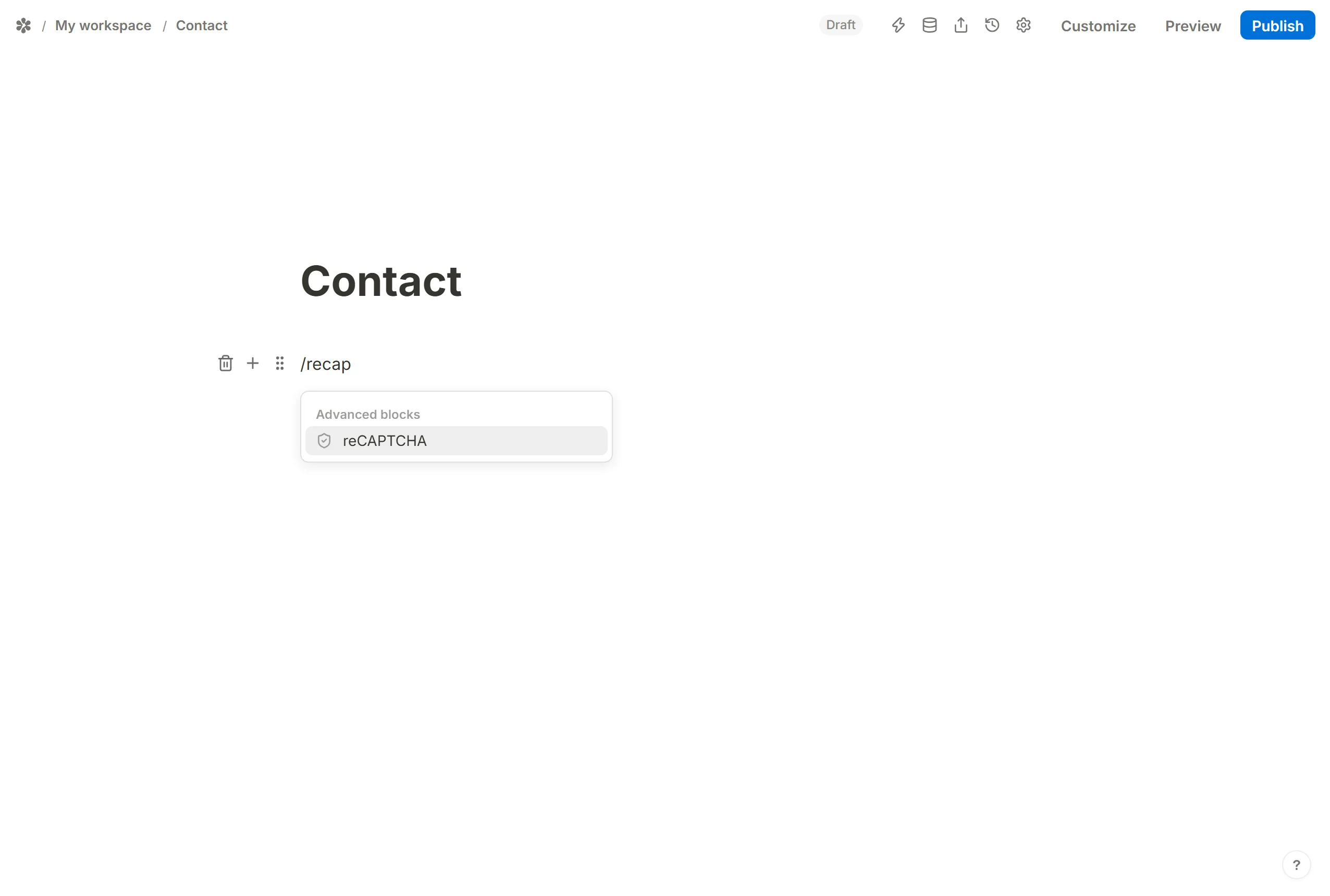 Typing /recap on an empty line, with reCAPTCHA offered under Advanced blocks