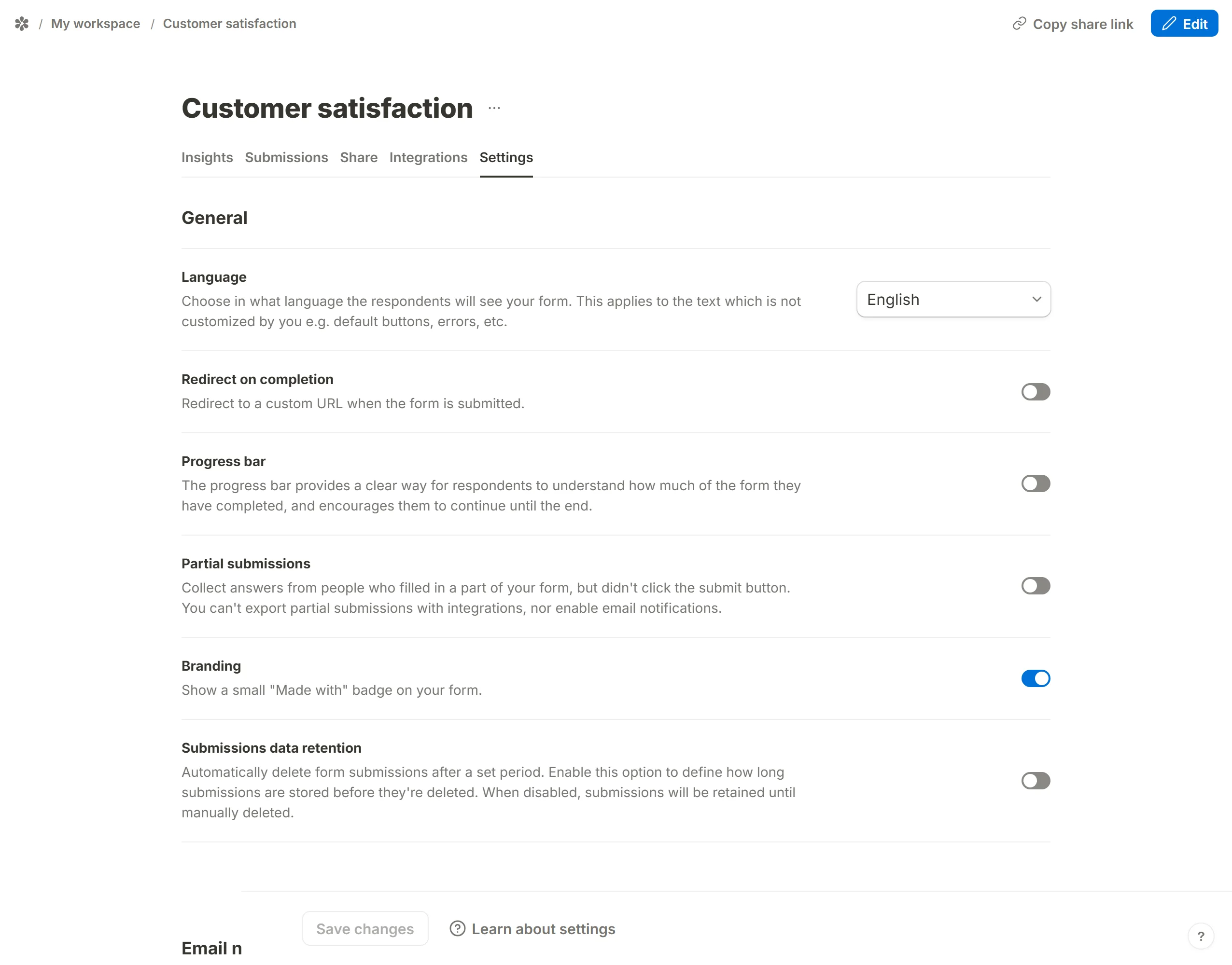 The Branding row on the form's Settings tab