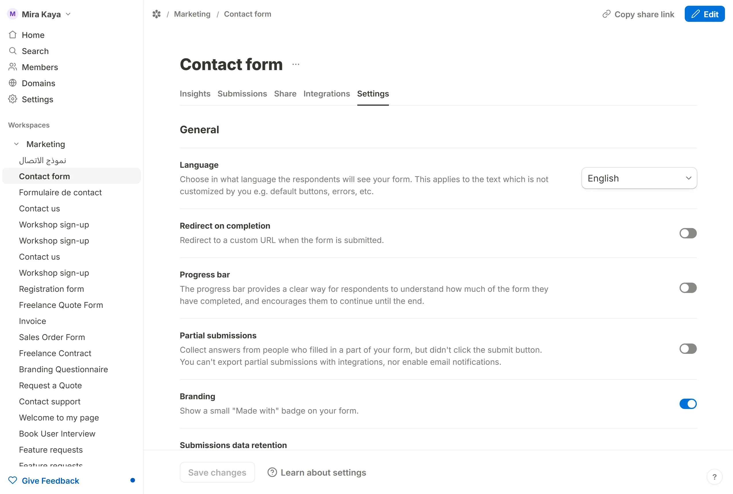 The Language picker at the top of a form's Settings tab