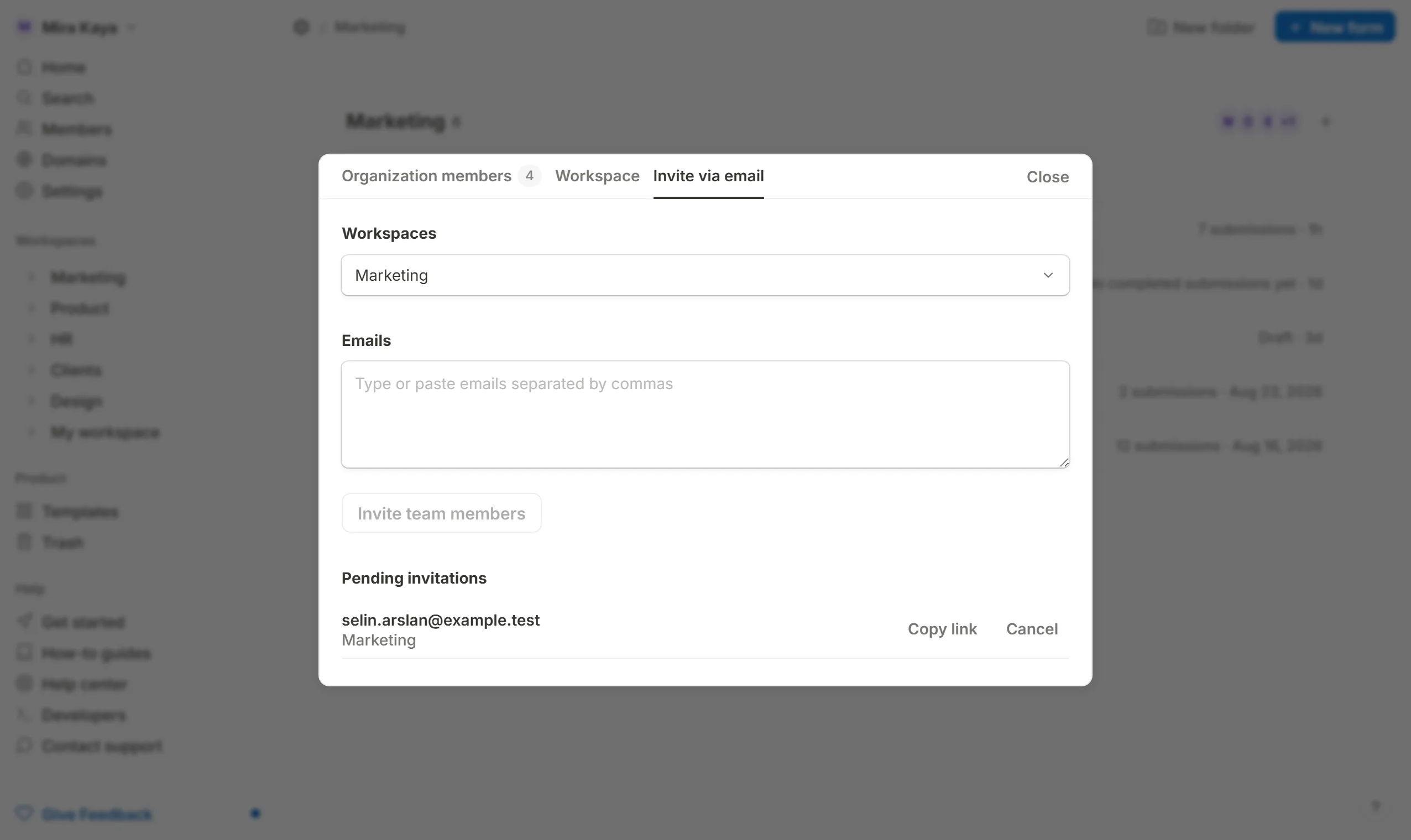 Inviting somebody into a workspace from that workspace's own … menu