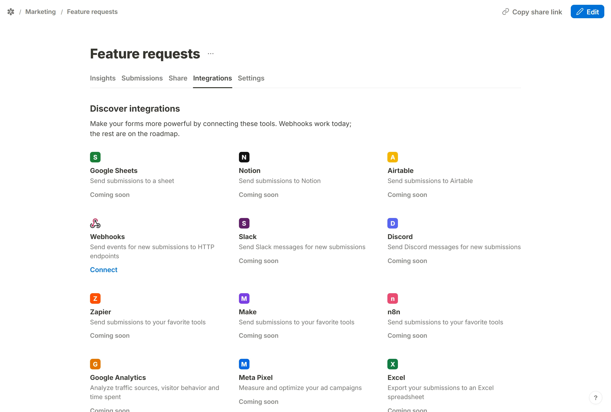 The Integrations tab, with the Webhooks card among the services still to come