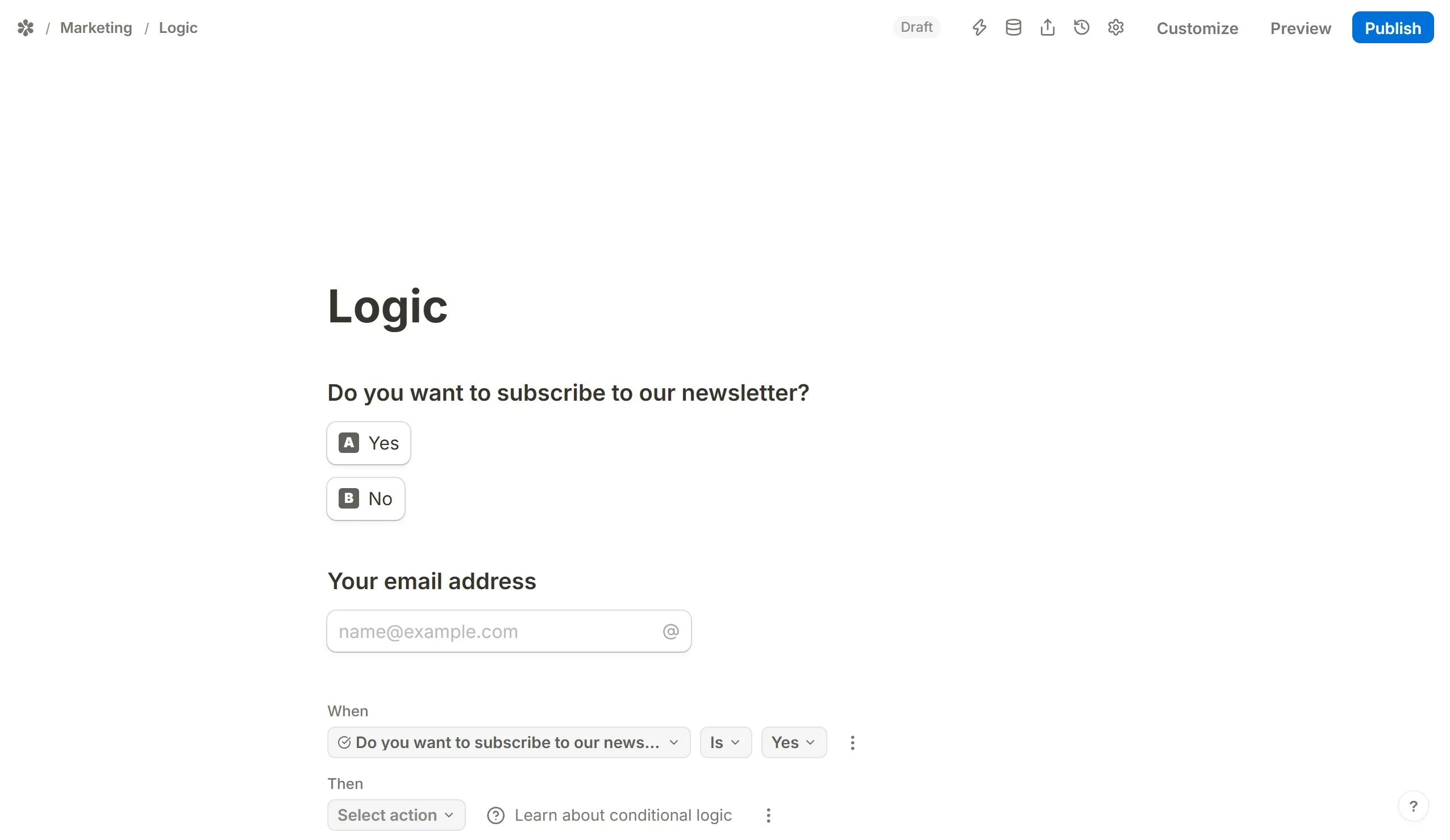 Require answer chosen as the action, then the email box picked as the field it applies to