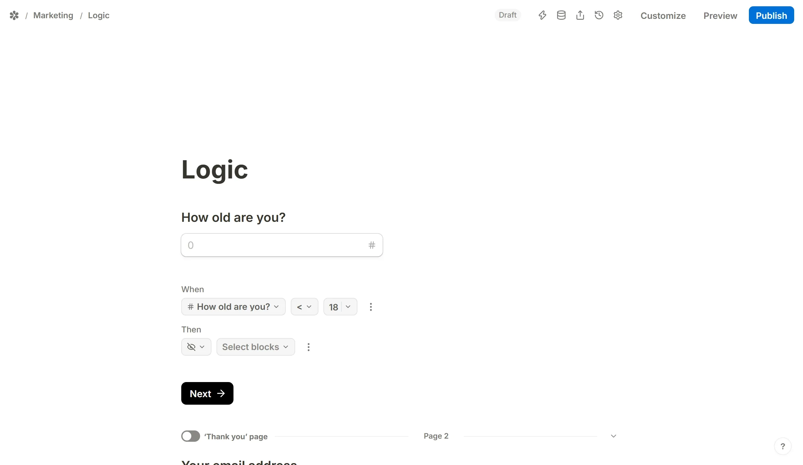 The Hide blocks picker, which lists the form page by page down to a single option
