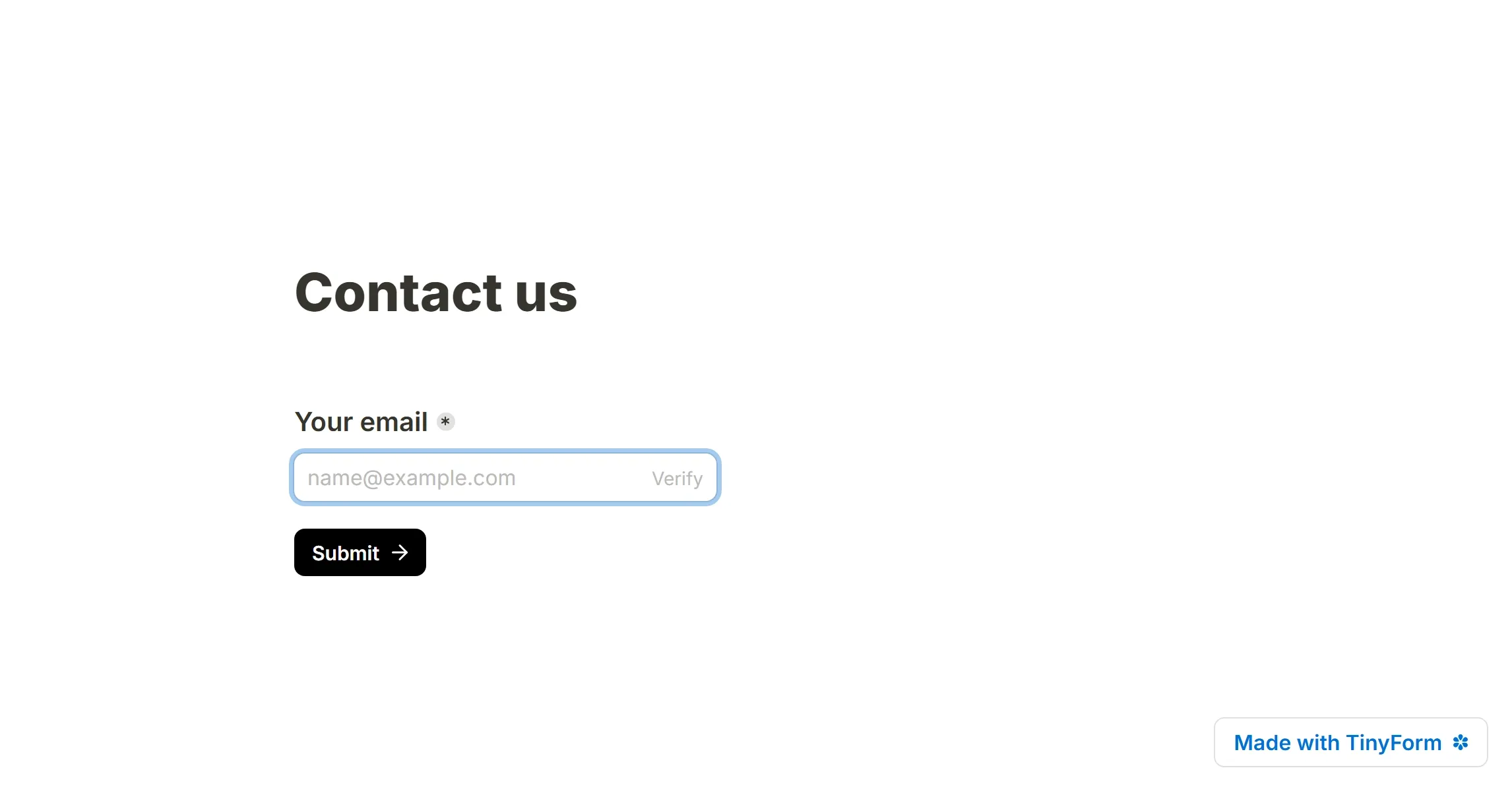 A published form sending the code, taking the six digits, and reading Email address verified