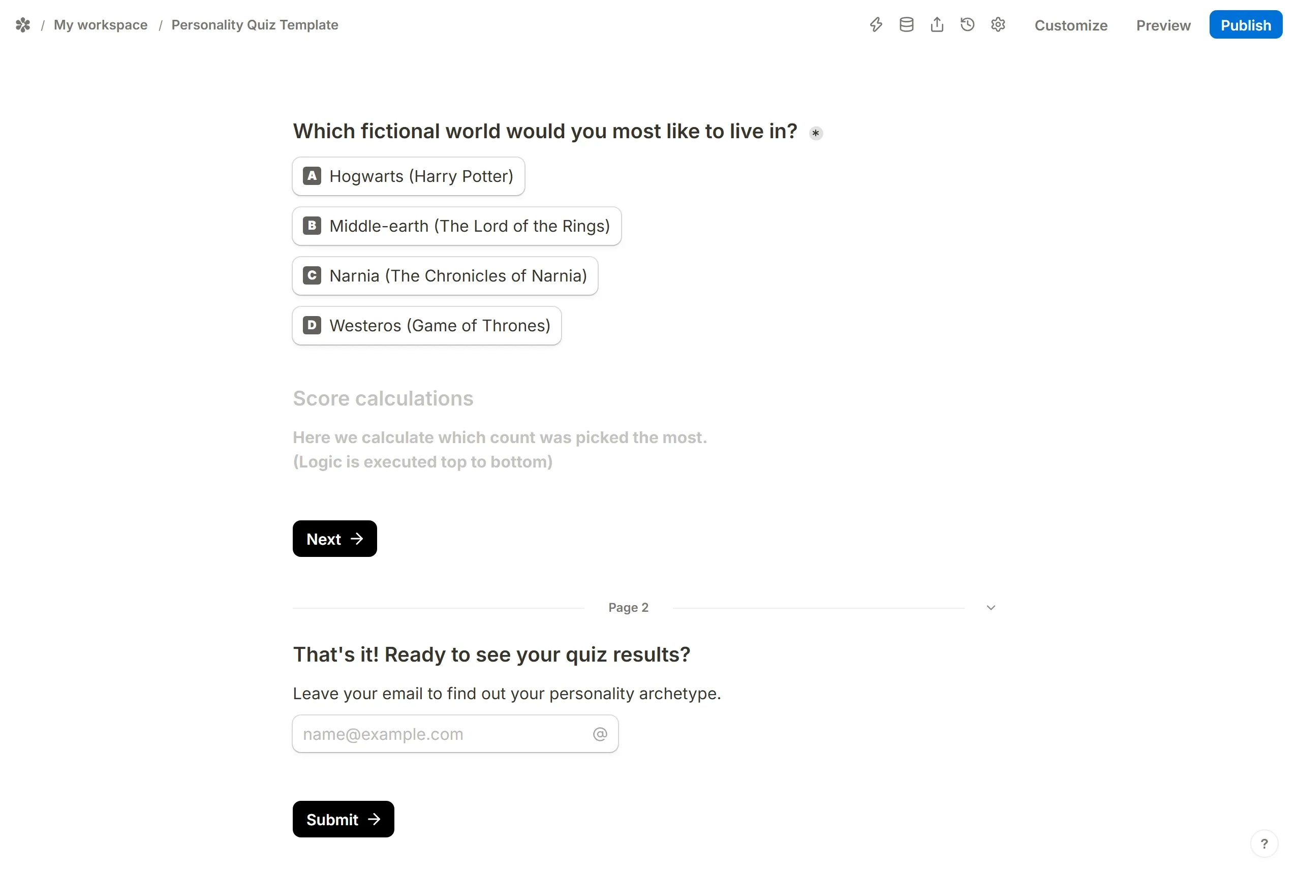 A new page added from the row's plus button