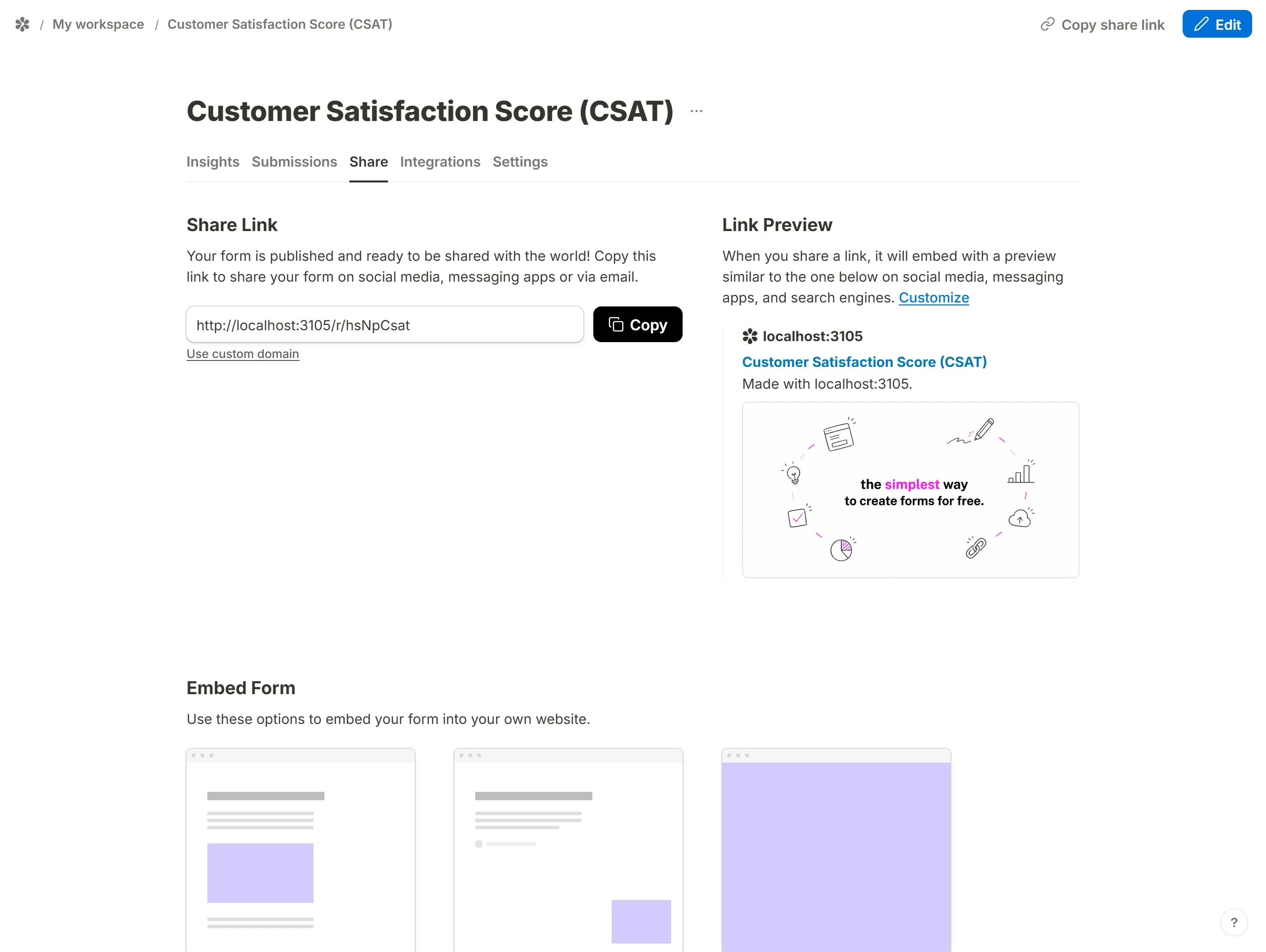 The Share tab's Embed dialog in Popup mode: the survey opens over the preview page and a click lights four of its five stars.