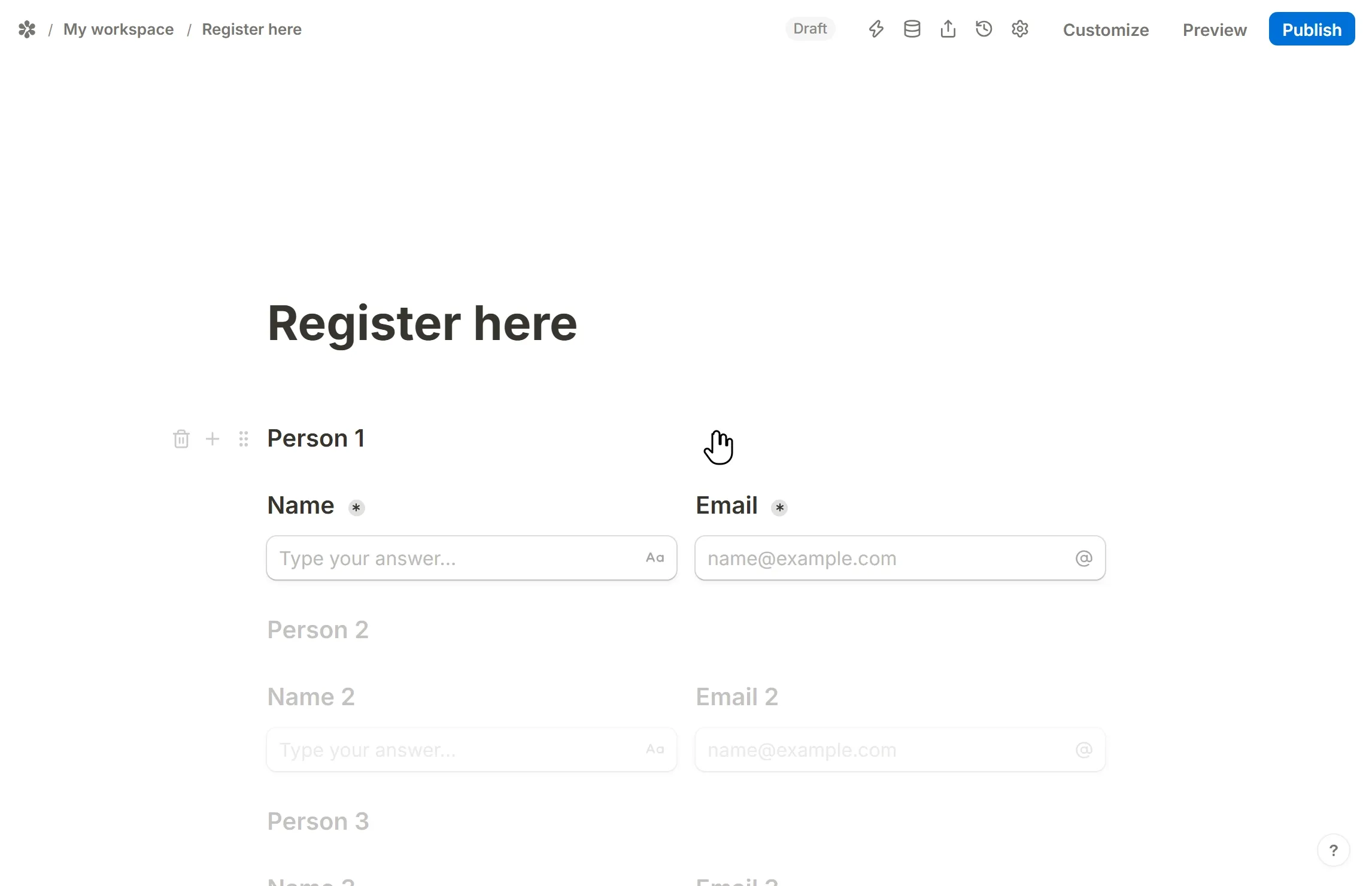 The editor’s Preview with Person 1’s name and email typed in, and the Person 2 set appearing underneath the moment the rule fires.