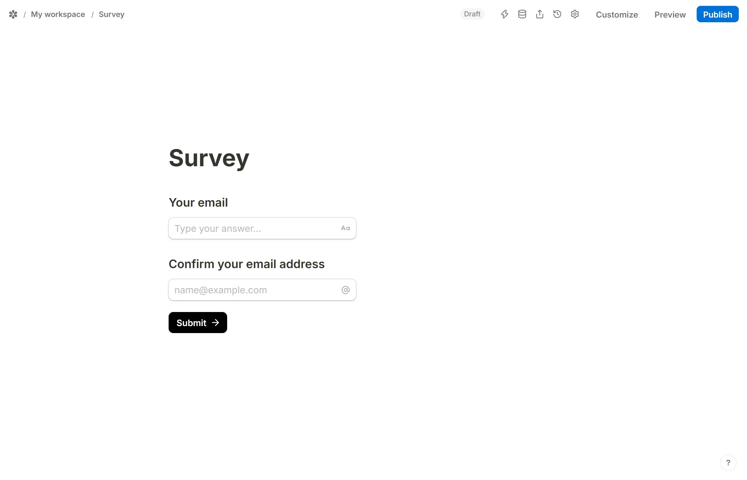 An email question in the editor with its block menu open, Default answer switched on and Your email picked under Input fields