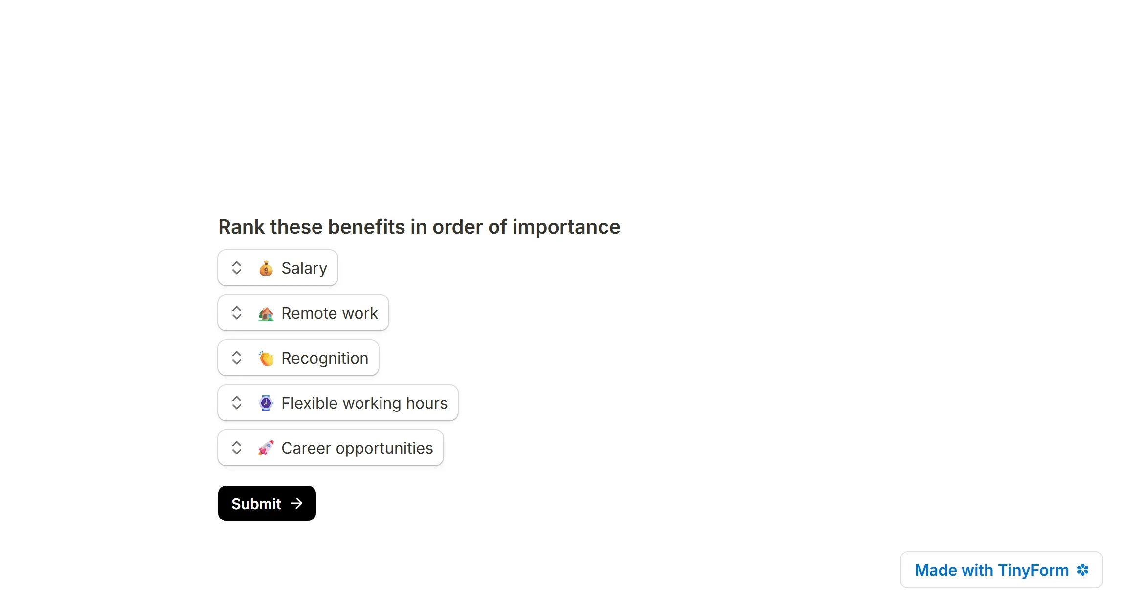 A published ranking question, its options each a tile the visitor can drag