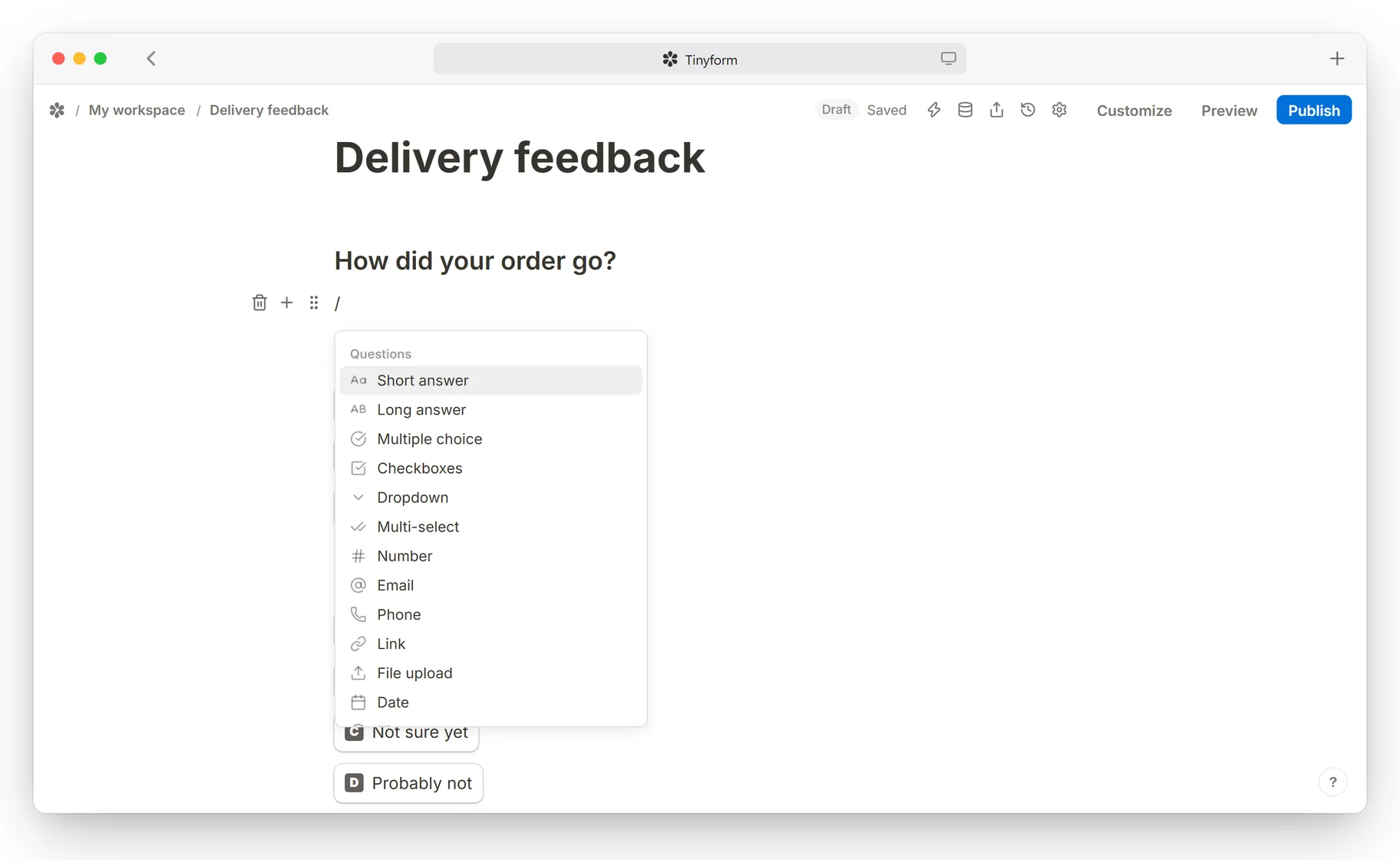 The editor with the insert menu open, showing the question types that can be dropped into a page.