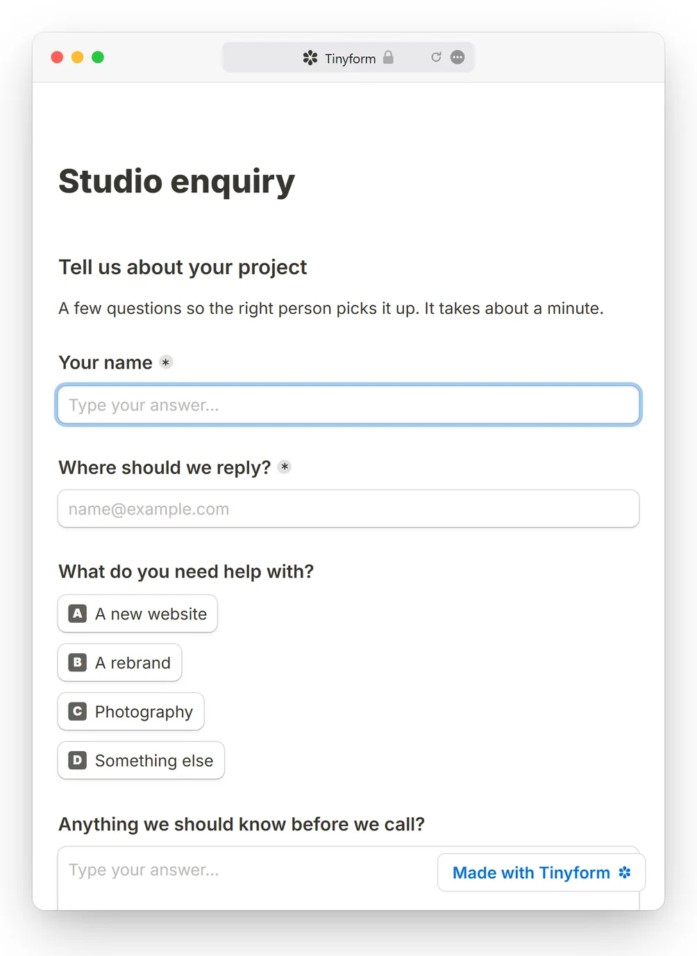 A published form in a browser window — the page a link opens and the page a script tag drops into a site.