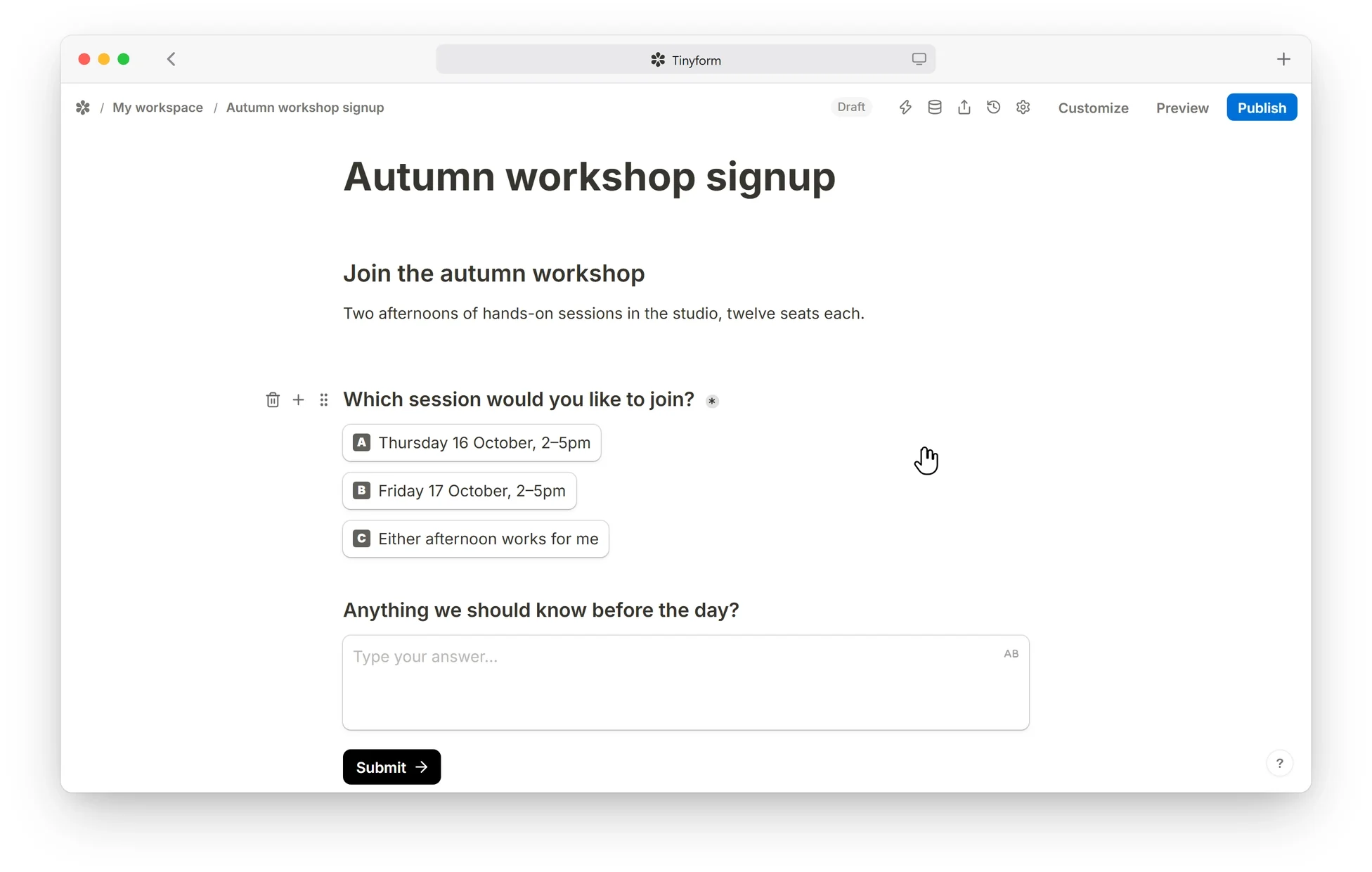 The editor: a line typed into a form, then a slash command opening the block list
                and dropping an email question into the page.