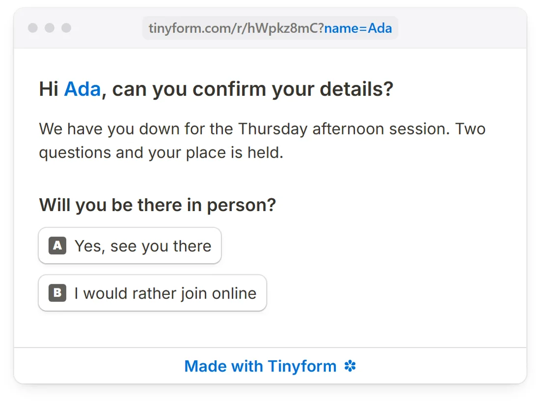 A published form opened at a URL ending in ?name=Ada, its heading greeting Ada by the value the query string carried in.